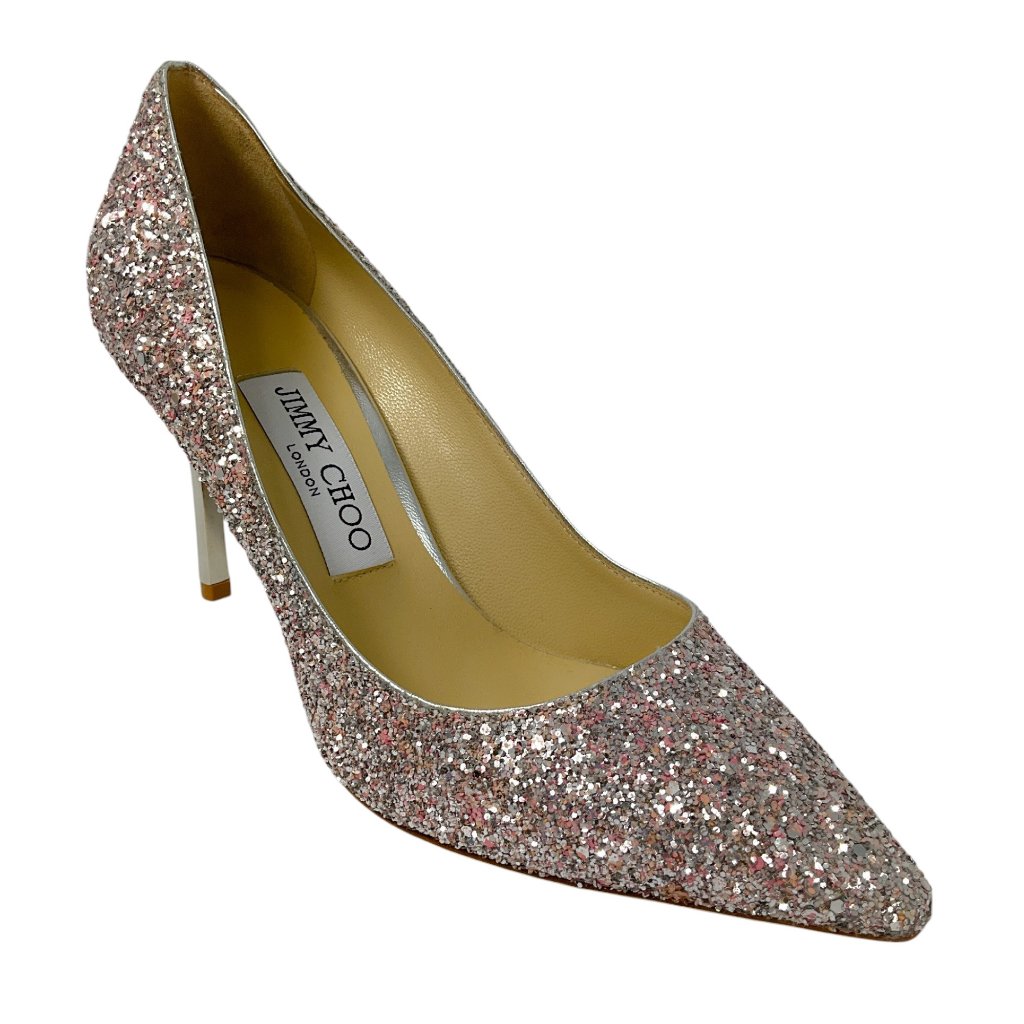 Jimmy Choo Light Pink / Silver Metallic Coarse Glitter Fabric Pointy Toe Romy 85